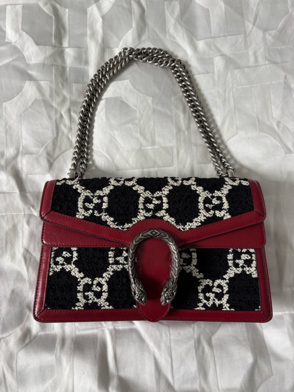 Gucci Dionysus Shoulder Bag in Black and White GG Tweed with red leather trim